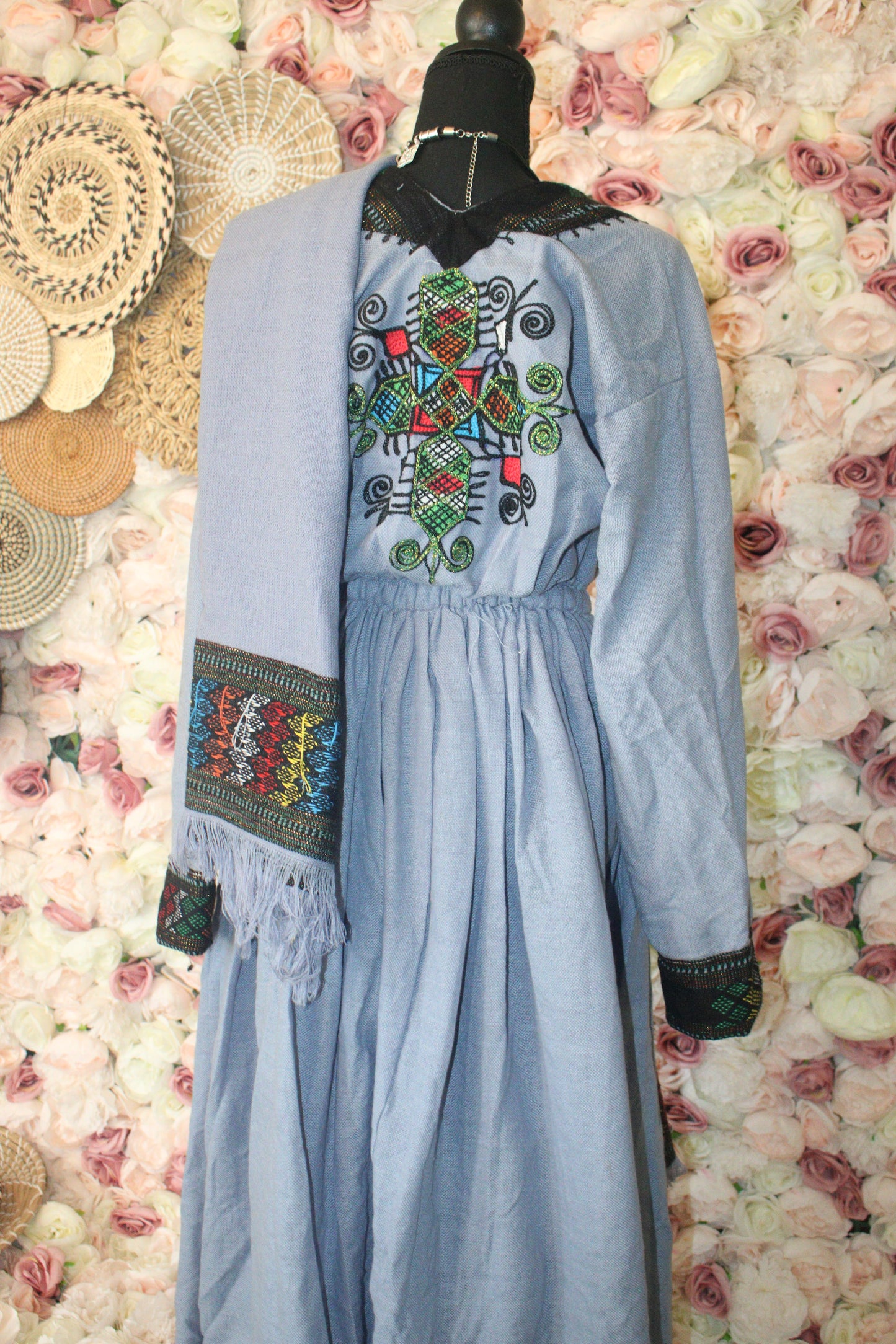 Asadiwa • Ethiopian Raya Wollo Amhara Traditional Blue (Nikir) Dress with Elastic Waist Band