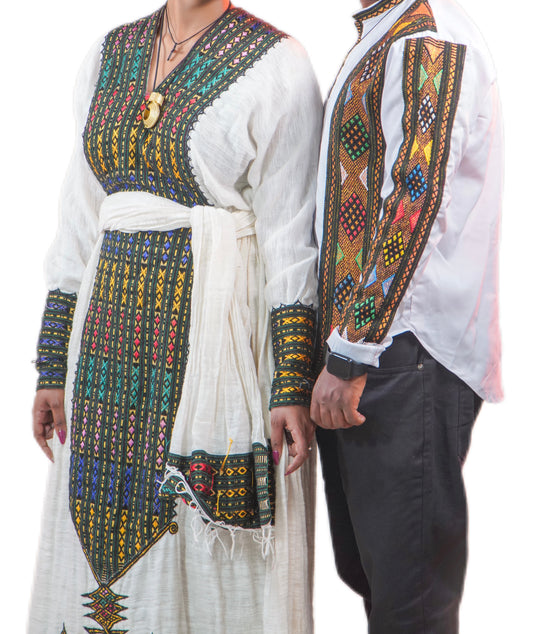 Kulemiye • Ethiopian Sebez Wollo Amhara Traditional White 100% Organic Fetil Dress with Elastic Waist Band