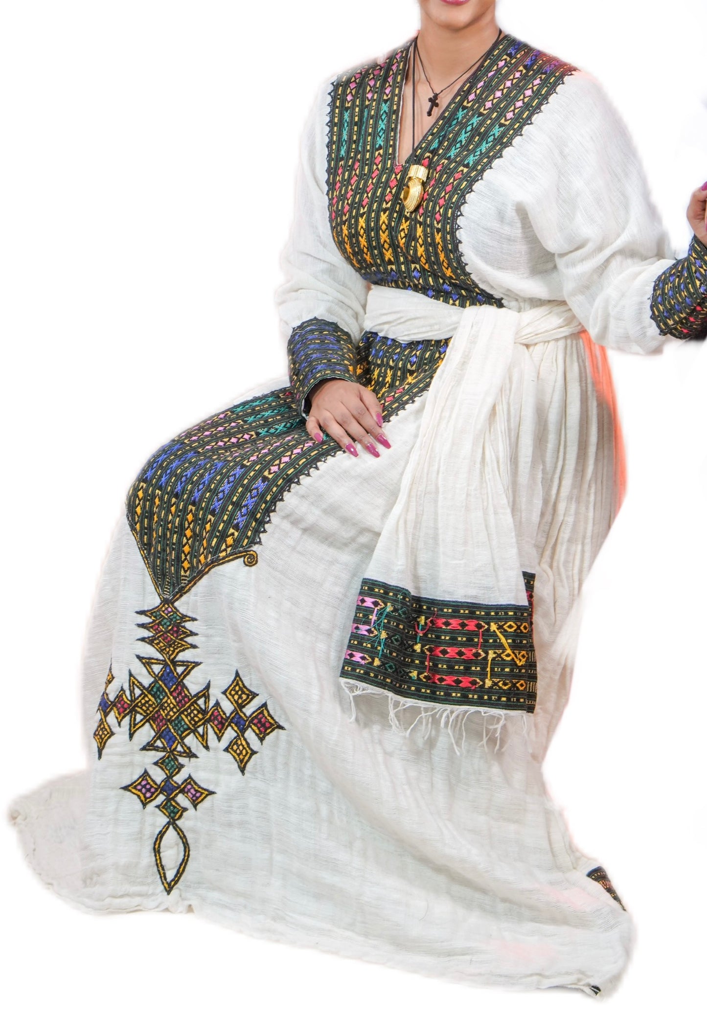 Kulemiye • Ethiopian Sebez Wollo Amhara Traditional White 100% Organic Fetil Dress with Elastic Waist Band