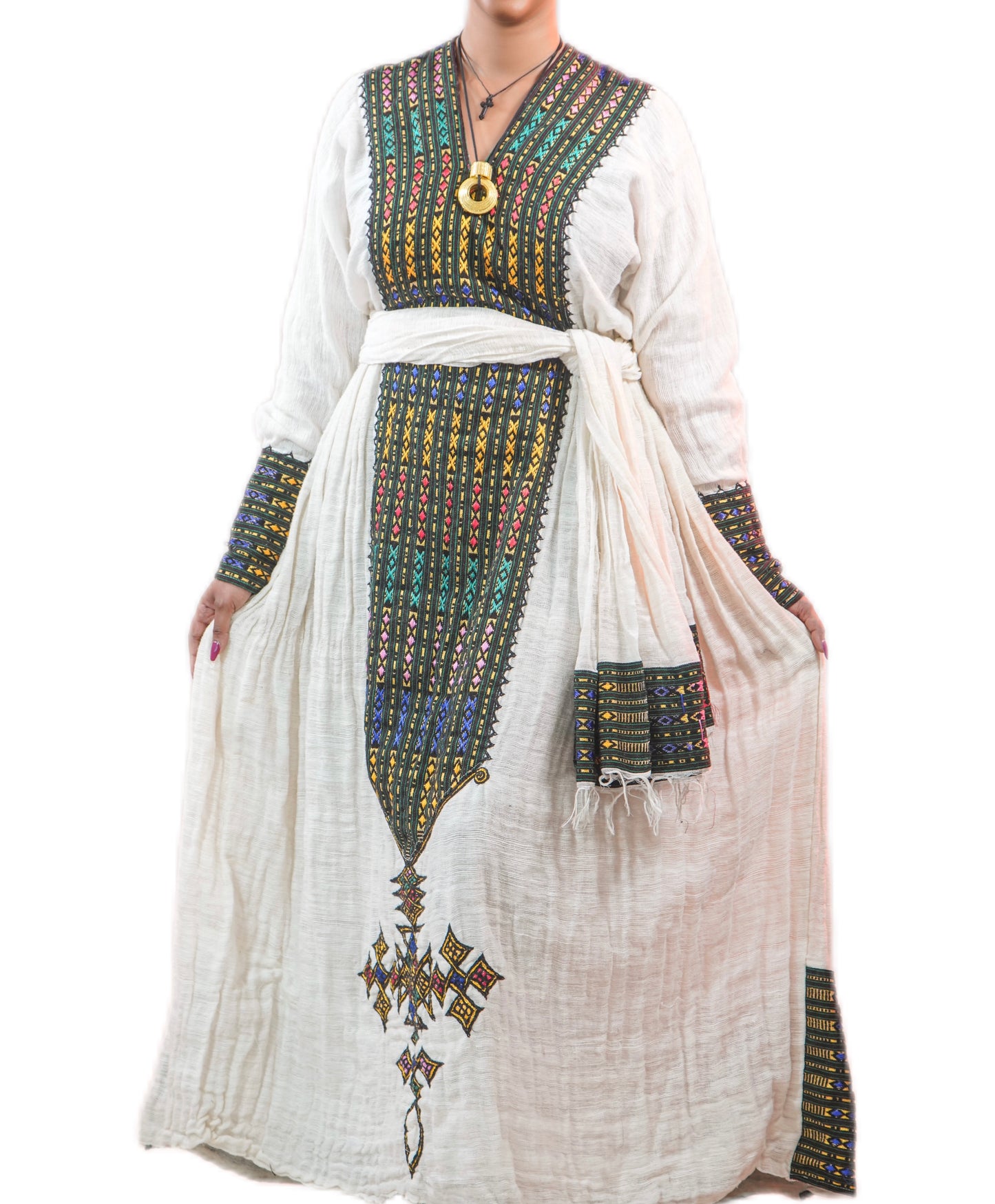 Kulemiye • Ethiopian Sebez Wollo Amhara Traditional White 100% Organic Fetil Dress with Elastic Waist Band