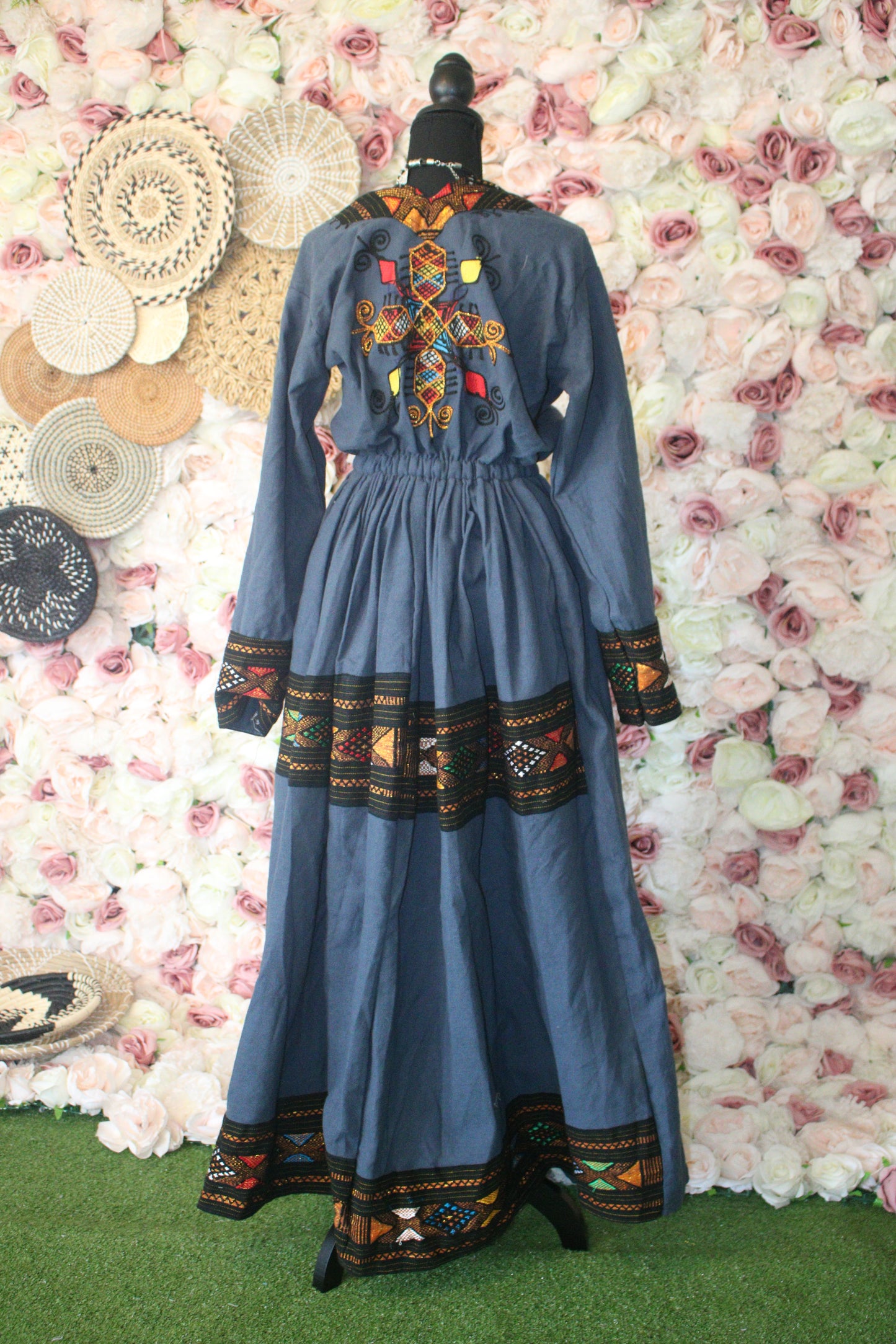 Amaro • Ethiopian Raya Wollo Amhara Traditional New Raya Design Nikir (Dark Blue) Gumaj Dress with Elastic Waist Band