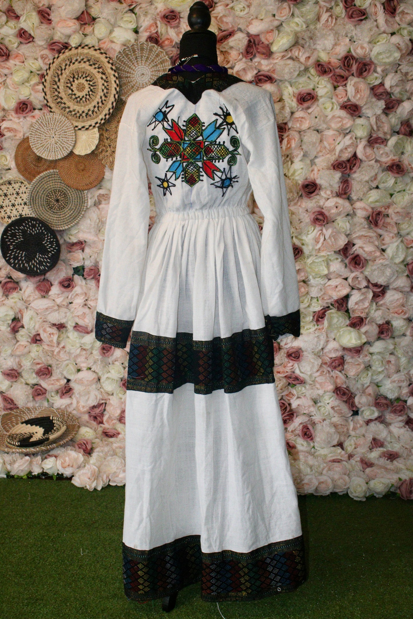 Sadulaye • Ethiopian Raya Wollo White Gumaj Dress with Elastic Waist Band