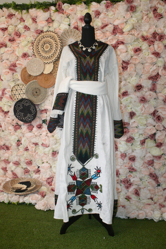 Gameye • Ethiopian Raya Wollo Amhara Traditional White Dress with Elastic Waist Band