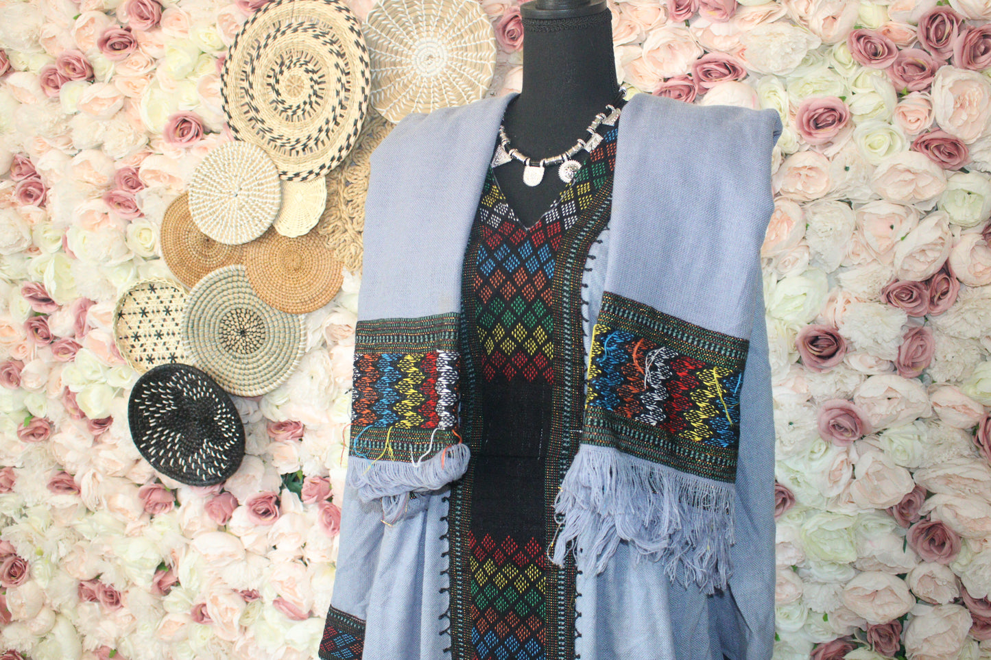 Asadiwa • Ethiopian Raya Wollo Amhara Traditional Blue (Nikir) Dress with Elastic Waist Band