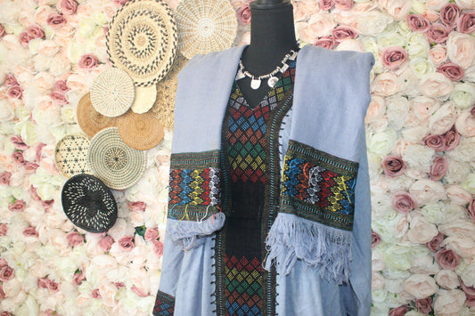 Asadiwa • Ethiopian Raya Wollo Amhara Traditional Blue (Nikir) Dress with Elastic Waist Band