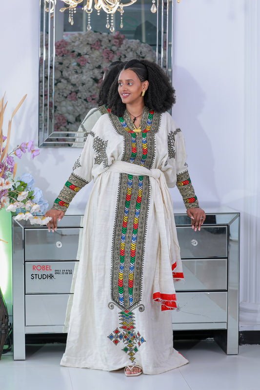 Mentewab • Ethiopian Gondar Amhara Traditional 100% Handmade Fetil Plastic Waistband Dress