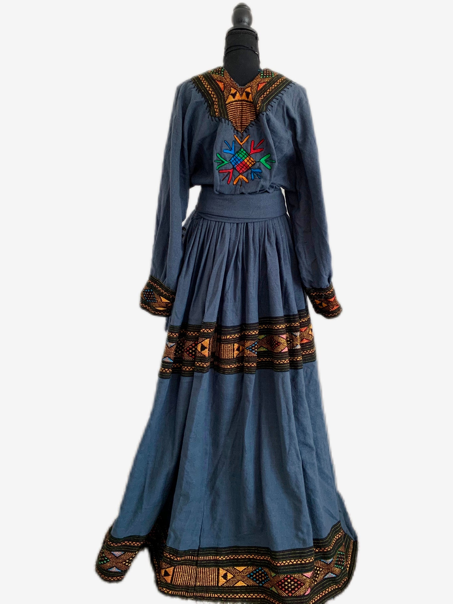 Amaro • Ethiopian Raya Wollo Amhara Traditional New Raya Design Nikir (Dark Blue) Gumaj Dress with Elastic Waist Band