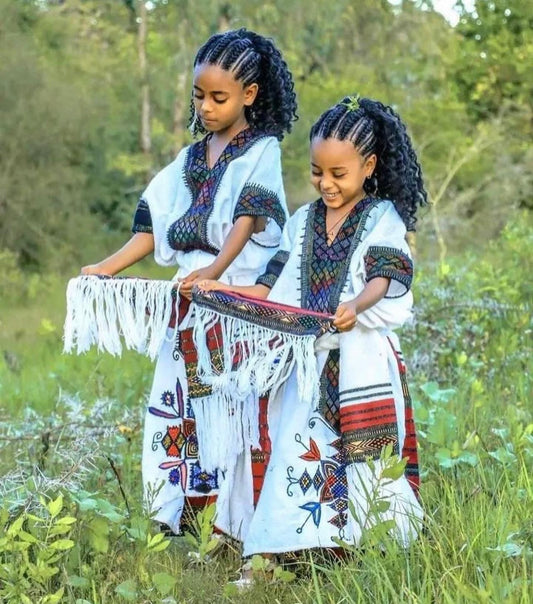 Zomawa •  Ethiopian Raya Wollo Amhara Traditional Red Tiftif Free Size Dress for Girls