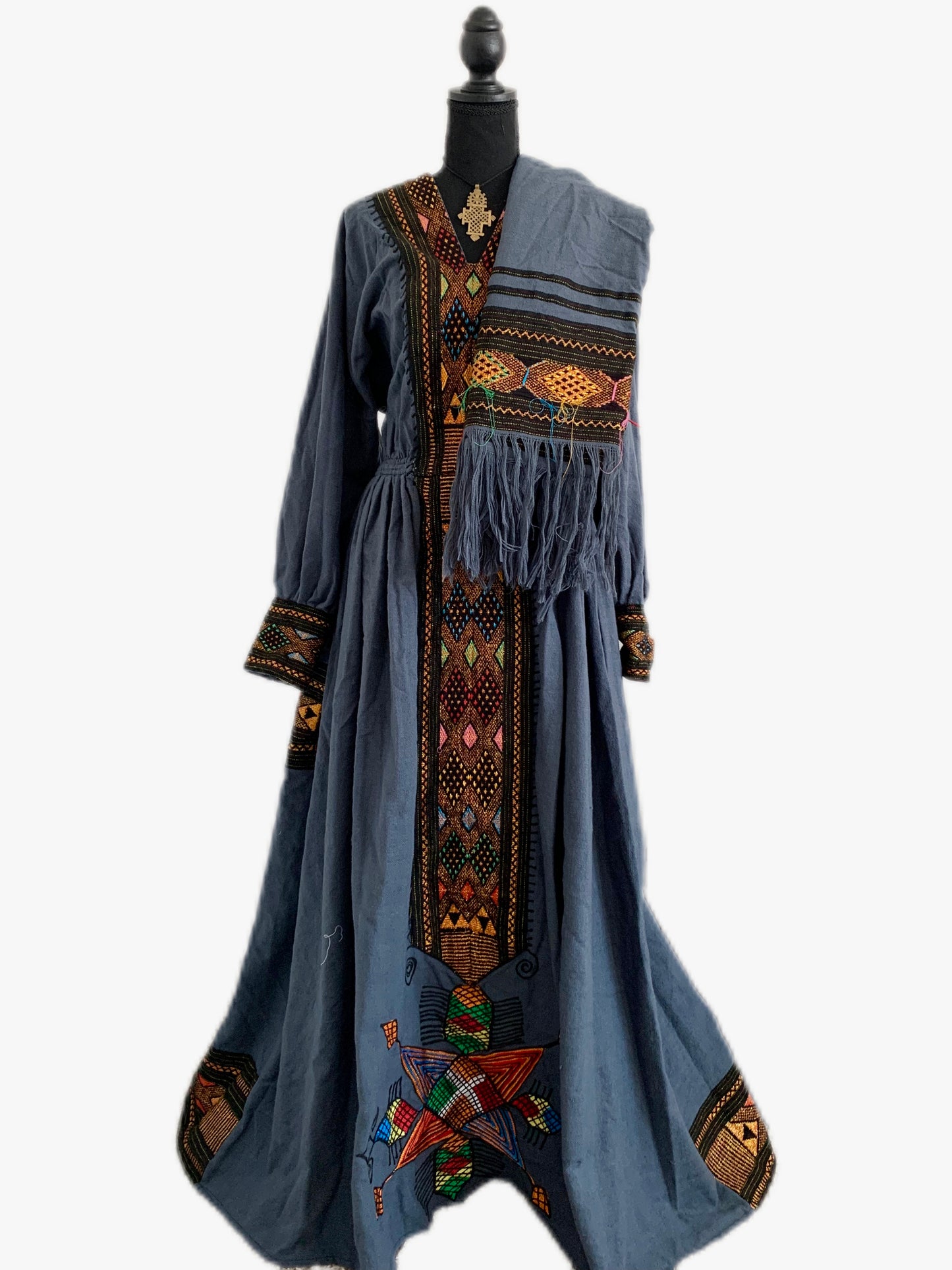 Amaro • Ethiopian Raya Wollo Amhara Traditional New Raya Design Nikir (Dark Blue) Gumaj Dress with Elastic Waist Band