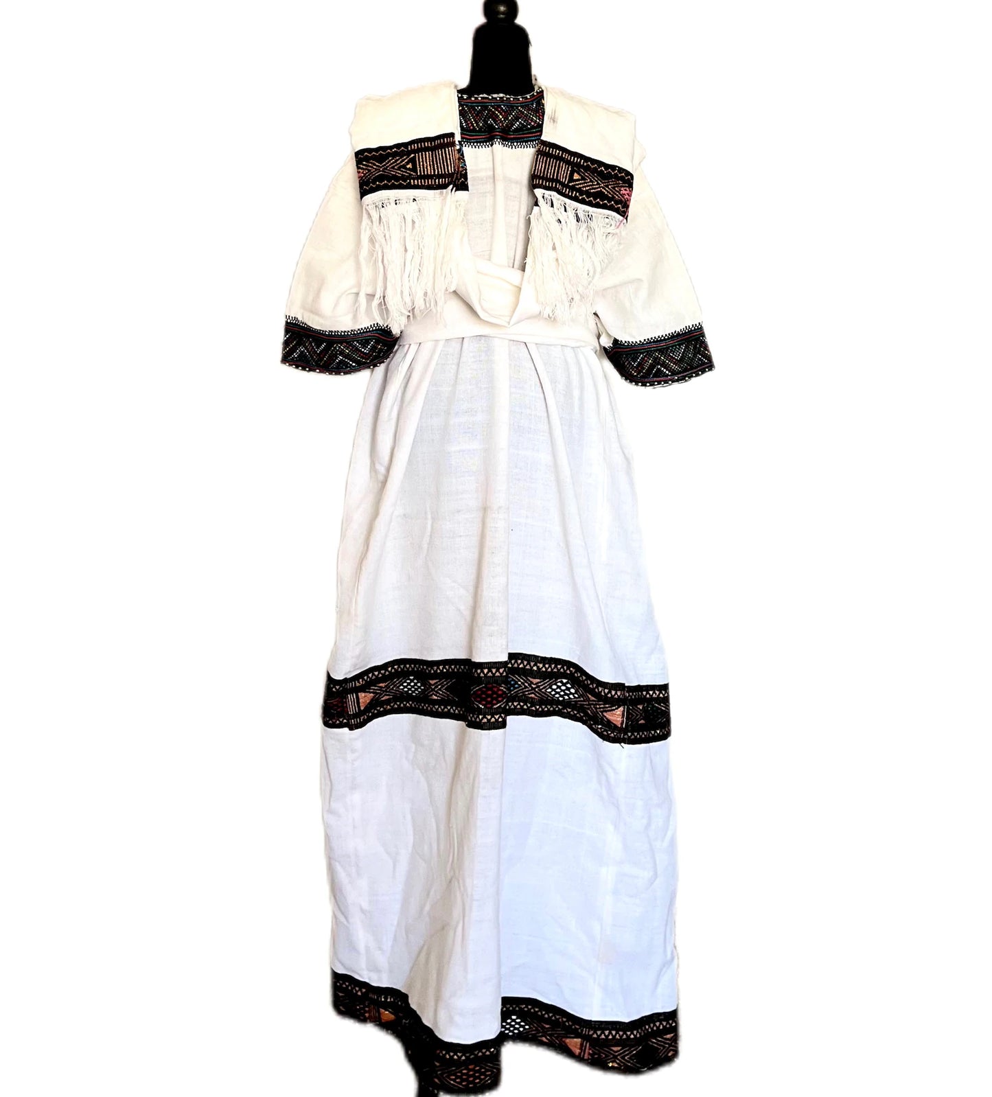 Megaleye • መጋልዬ Ethiopian Raya Wollo Traditional White Zirg Tilf Gumaj (ዝርግ ጥልፍ ጉማጅ) Dress